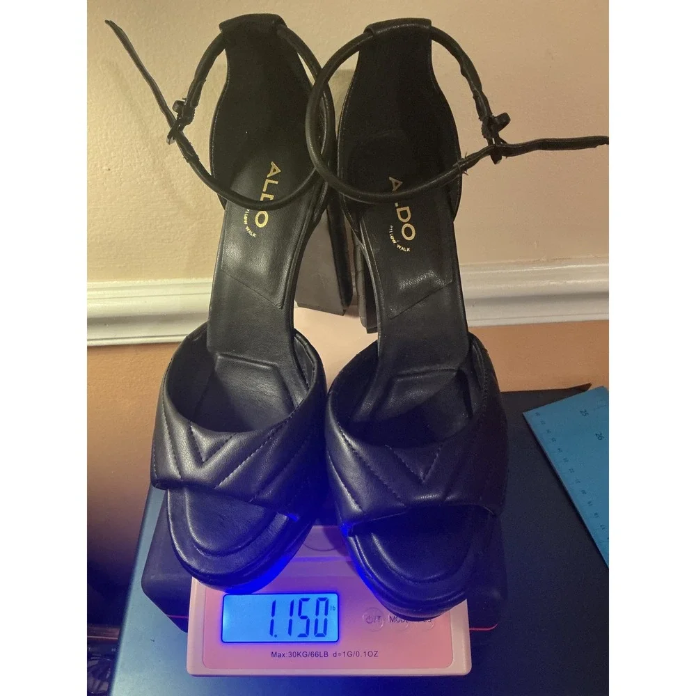 ALDO Black Quilted Platform Wedge Heels Ankle‎ Strap Sandals Women's Size 8.5